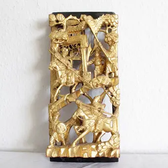 Antique sculpture chinoise Chaozhou en bois, feuille d'or, scène de guerrier, vers 1900.