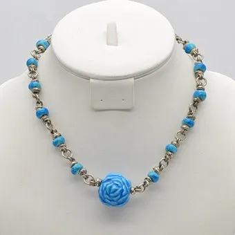 Asian necklace with porcelain elements, nickel silver, handmade, vintage.