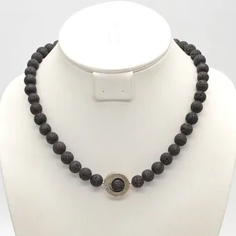 Designer lava stone bead necklace, brushed round pendant, pendant and clasp in sterling silver, approx. 47 cm.