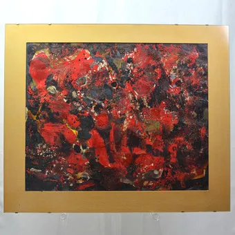 RUDI BAERWIND (1910-1982). "ROTES GLÜCK I", MIXED MEDIA ON PAPER, ORIGINAL WORK, CIRCA 1958, GREIN / ODENWALD, SIGNED AND INSCRIBED.