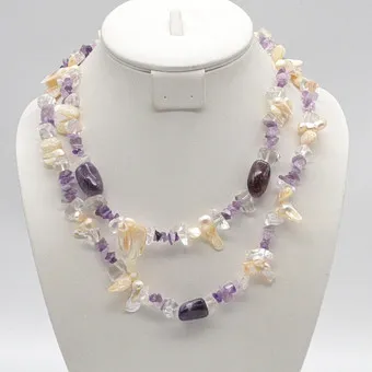 Edelsteenketting van amethist, bergkristal en schelpen, tweerijig, vergulde sluiting, vintage, ca. 45 cm.