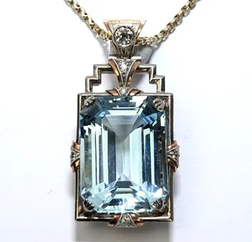 Antik Art Déco Anhänger mit Kette 585 Gold, Aquamarin 20.00ct.