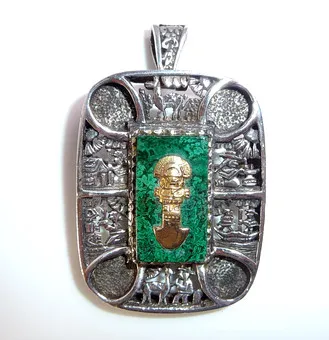 Aztec pendant, 925 silver with gold, handmade.