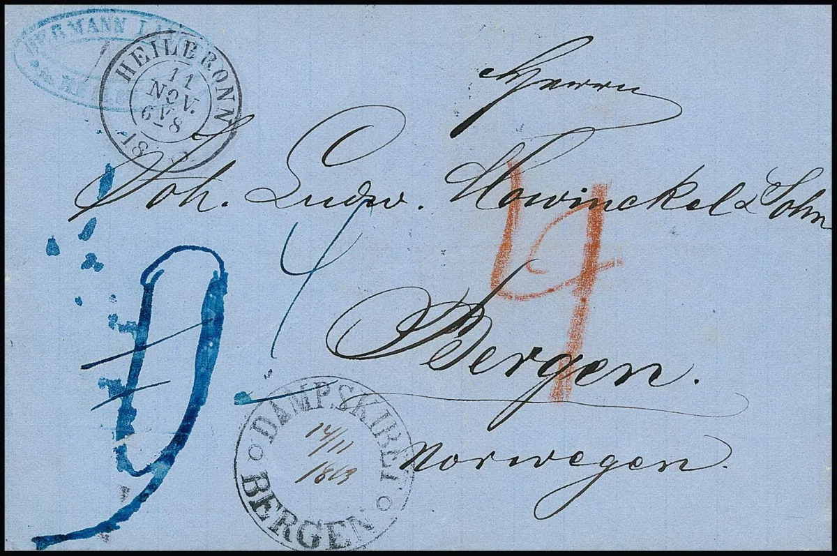 "Heilbronn", 1863, heldere K2 met K1 "DAMPSKIBET BERGEN" op blauwe luxe brief naar Bergen/Noorwegen, achterzijde drie transietstempels van Frankfurt a.M. en Hamburg,…