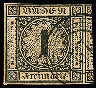 1 Kr. czarny/brązowawy, góra pełna, poza tym luksusowy egzemplarz o ogromnych marginesach z sąsiednimi znaczkami z trzech pozostałych stron, NS "57", ekspertyza fotograficzna Stegmüller