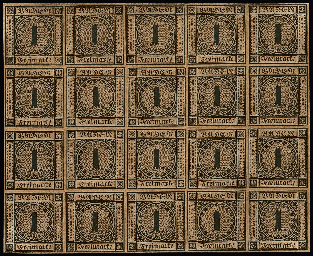 1 Kr. schw./bräunlich im vollständigen postfrischen Neudruck-Bogen von 20 Exemplaren. Zwischen der dritten und vierten Markenreihe Vorfaltung nur im…