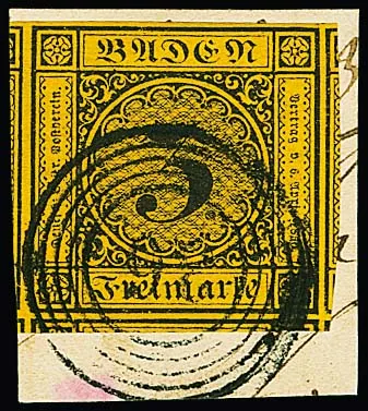 3 Kr. schw./dunkelgelb, hervorragend riesenrandig mit Teilen von fünf Nebenmarken auf Luxusbriefstück mit NS "26", sign. Grobe und Fotoexp. Stegmüller