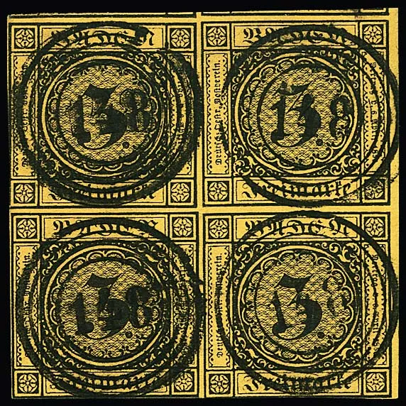 3 Kr. donkerbruin/donkergeel, fris blok van vier, elke zegel met duidelijke, gecentreerde NS "148" (Villingen). Onder en linksboven geraakt, verder deels overmarginaal, linker bovenste zegel kleine hoekvouwsporen, verder puntgaaf. Slechts vijf gestempelde blokken van vier geregistreerd, deze sinds de 5e Schwenn-veiling 1966. Certificaat Stegmüller. Mi. 3200,-