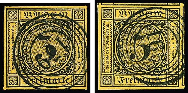 3 Kr. donkerbruin/donkergeel of geel, twee fijnste luxe-exemplaren, enorme marges, alle vier of drie zijden naburige zegels. Gesigneerd Seeger of Brettl