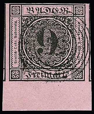 9 Kr. noir/rose, pièce de luxe avec bord de feuille de 8,5 mm en bas, marges à gauche et à droite