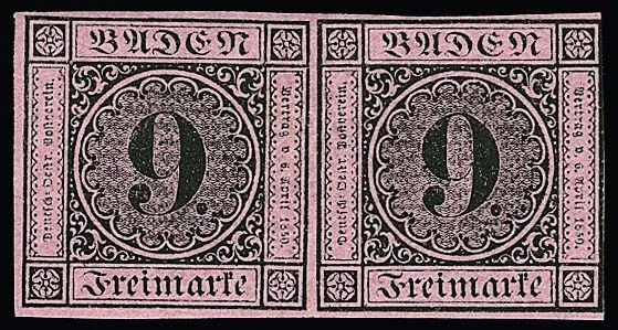 9 Kr. zwart/roze, horizontaal ongebruikt paar met volledige originele gom, linker zegel zeer breed, rechter uitgifte-typisch alleen rechts iets geraakt. Mi. 750,- +, gesigneerd Ebel, Richter en foto exp. Stegmüller "kleurvers en origineel, onberispelijke staat"