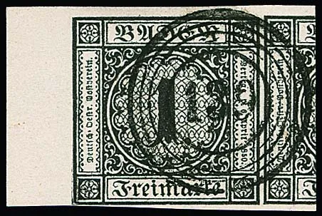 1 Kr. zwart, luxe stuk uit de linker bovenhoek van het vel met tot 8 mm brede velrand, rechts groot deel van de naburige zegel, duidelijke NS "139" (Stockach), van…