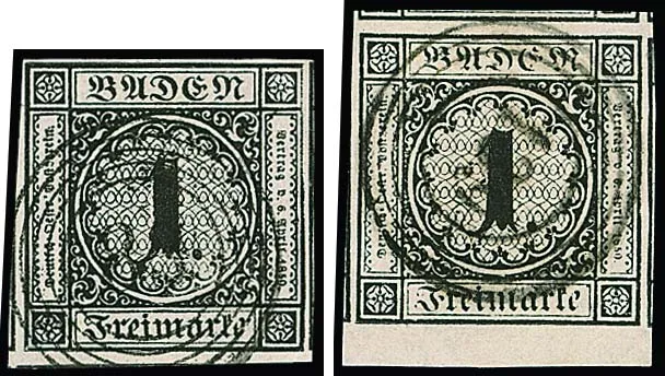 1 Kr. czarny, dwa luksusowe egzemplarze o szerokich do gigantycznych marginesach, jeden z dolnego marginesu z trzema stronami sąsiednich znaczków