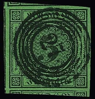3 Kr. zwart/groen, uitstekende luxe snijreus, rechts van de rand, anders alle andere zijden met alle vijf naburige zegels, NS "27" (Donaueschingen), gesigneerd…