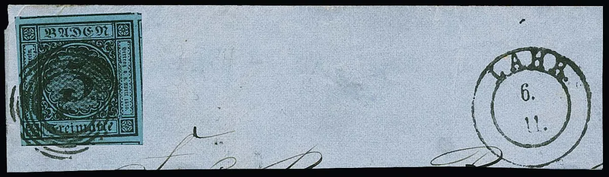 3 Kr. donkerblauw, uitstekend luxe stuk met gigantische marges met delen van zeven van de acht mogelijke naburige zegels, op luxe briefstuk met NS "79" en K2 "Lahr", gesigneerd Brettl en foto-expertise Stegmüller