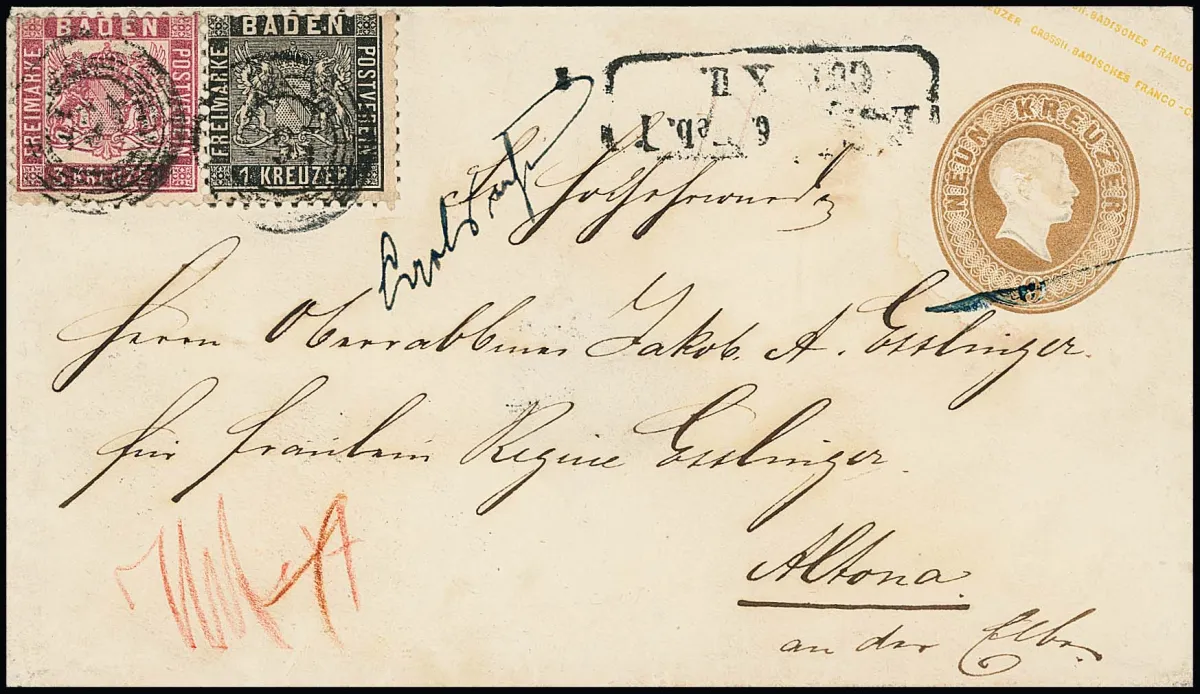 1 Kr. zwart, onberispelijk, in gemengde frankering met 3 Kr. roze (gestoten hoekje), op 9 Kr. bruin postblad (zegel uitgesneden op achterzijde), met goede vijfringige NS "164" van de spoorwegpost, handschriftelijke opgave "Carlsruhe" en spoorwegstempel Ra2 "E.B. Curs XII" op voorzijde, naar Altona/Denemarken. 9 Kr. postvereniging plus 4 Kr. Deens doorvoerrecht, zeer zeldzame combinatie!