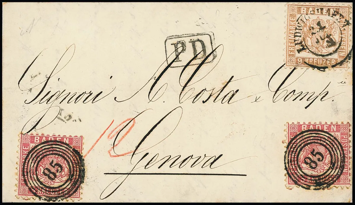 3 Kr. roze in paar, deze met NS "85", samen met 9 Kr. vaalbruin, deze met K2 "Ludwigshafen", op gevouwen brief in volledig originele staat…
