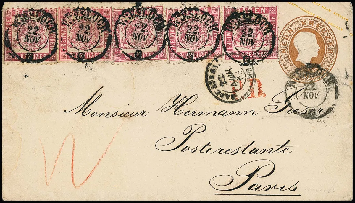 3 Sgr. pink, five examples (two with one short perf, on left slightly compressed perforation due to edge adhesion) on postal stationery 9 Kr. ochre-brown, with K2 "Wiesloch"…
