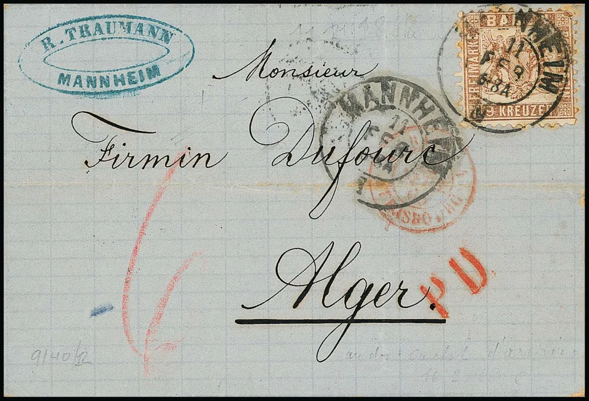 9 Kr. fahlbraun (wenige Zahnspitzen etwas getönt) einzeln auf Faltbrief mit K2 "Mannheim" 1868 nach Algier/Afrika. Seltener Afrika-Brief zum Frankreich-Porto,…