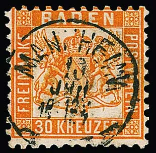 30 Kr. jaune-orange, pièce de choix avec oblitération centrale K1 "Mannheim", certificat Stegmüller. Mi. 3000,-
