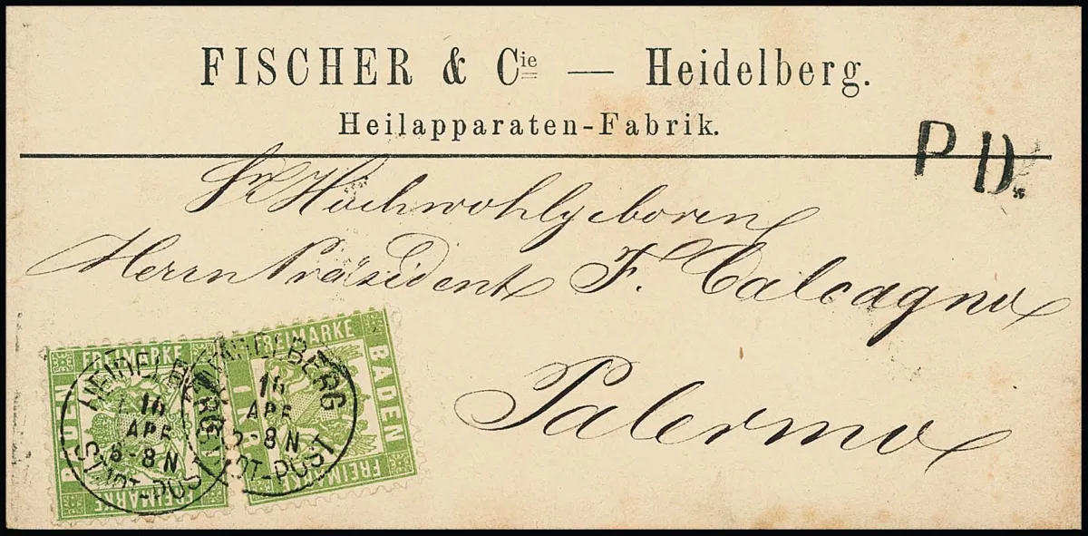 1 Kr. grün, zwei Kabinettstücke auf seltenem vorgedrucktem Auslands-Streifband mit K1 von Heidelberg 1870 nach Palermo/Italien in völlig ursprünglicher…