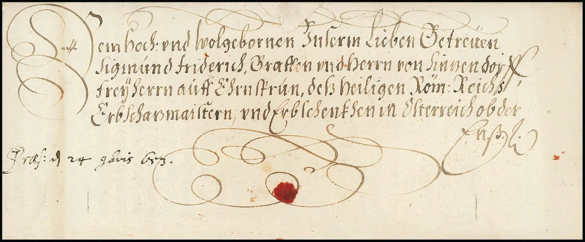 "Regensburg", 1653, vzácný císařský dopis s tištěným obsahem a vlastnoručním podpisem císaře Ferdinanda III., na rubu velká papírová pečeť