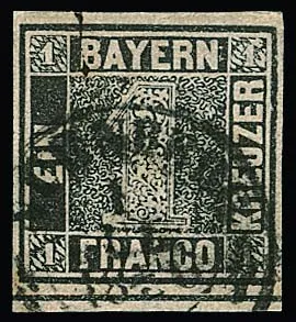 1 Kr. grauschwarz, Platte 1, Kabinettstück vom Unterrand mit klarem K2 "Nürnberg" vom 1. Juli 1850 (sowie winzigem Federstrich), Attest Sem