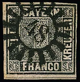 1 Kr. black, Plate I, clearly and centrally cancelled with gMR "48" (Dasswang), top right a discreet margin repair, "otherwise a very beautiful example", as confirmed by the Pfenninger certificate. Mi. 3500,-