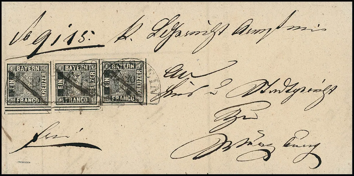 1 Kr. black, three very wide-margined examples, of which the two left ones with double separation line from the sheet center below, so-called "small intermediate bridge",...