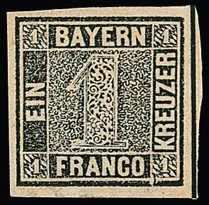 1 Kr. schwarz, Platte I, breitrandiges ungebrauchtes Kabinettstück mit großen Teilen des Originalgummis sowie dem markanten Plattenfehler "Keil im rechten…