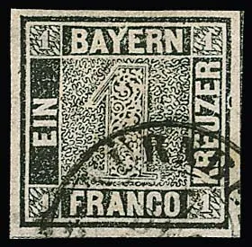 1 Kr. gris-noir, Plaque I, pièce de cabinet à larges marges avec K2 "Nürnberg", timbre avec défaut de plaque "séparation sur la ligne de bord droite près du Z de KREUZER",...