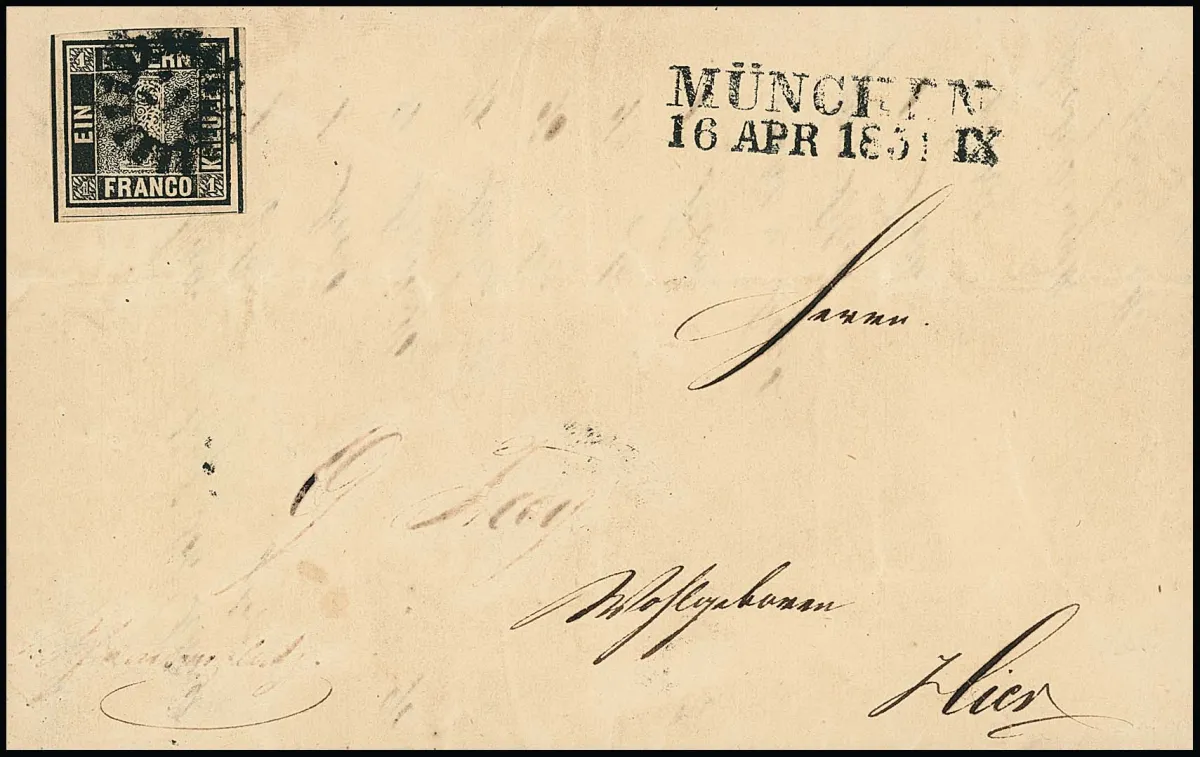 1 Kr. tiefschwarz, Platte I, sehr breitrandiges Kabinettstück, alle vier Seiten Schnittlinien, davon drei vollständig, auf Ortsbrief 1851 mit gMR "217" und L2…