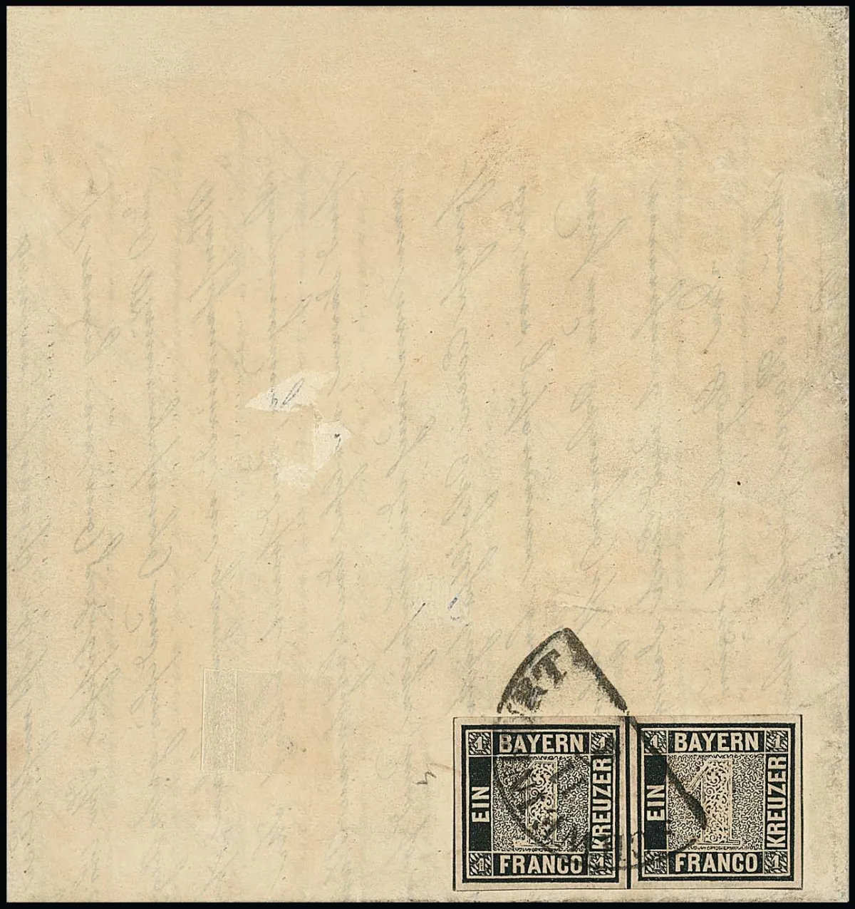 1 Kr. noir profond, Plaque I, paire horizontale à larges marges avec HK "Schweinfurt" et croix à la plume atténuée sur imprimé de 2e échelon de poids. Les affranchissements multiples en paire sont bien plus rares que les bandes de trois ! Certificats Schmitt, Brettl