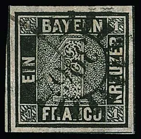 1 Kr. black, Plate 2, very wide-margined cabinet piece on all sides, partly with intermediate lines, with centric gMR "396" and pen stroke. Certificate Stegmüller