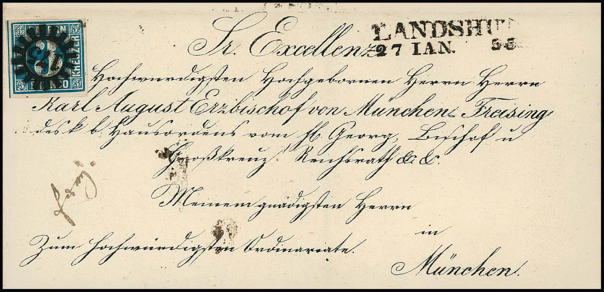 3 Kr. blue on cabinet bishop letter with gMR "175" and L2 "Landshut"