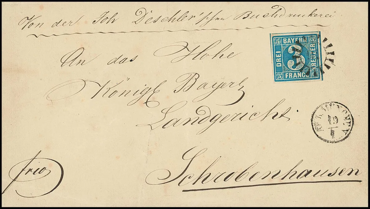 3 Kr. blau, Pl. 2, auf Kabinettbrief mit gMR "16" und kleinem Fingerhut-K1 "Au b. MÜNCHEN" (München in Großbuchstaben). Diese Type kommt sonst nur auf…