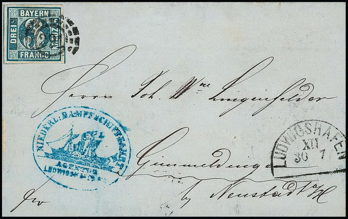 3 Kr. blue, Pl. 4, flawless, on folded letter (back missing one flap part, insignificant) with oMR and HK "Ludwigshafen" and rare blue oval cancel of the…
