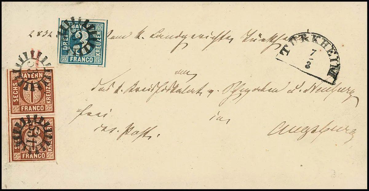 3 Kr. blue, Pl. 4, and 6 Kr. brown in vertical pair (Pl. 3, lower stamp small split), all fresh in colour and full to wide margined, with gMR "531" and HK…