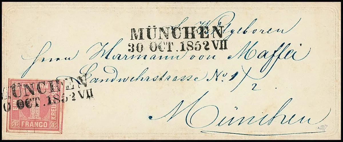 1 Kr. rosa, voll- bis breitrandig, einzeln mit L2 "München" auf prachtvollem Orts-Prägezierbrief 1852 an bekannten Empfänger "von Maffei" auf der…