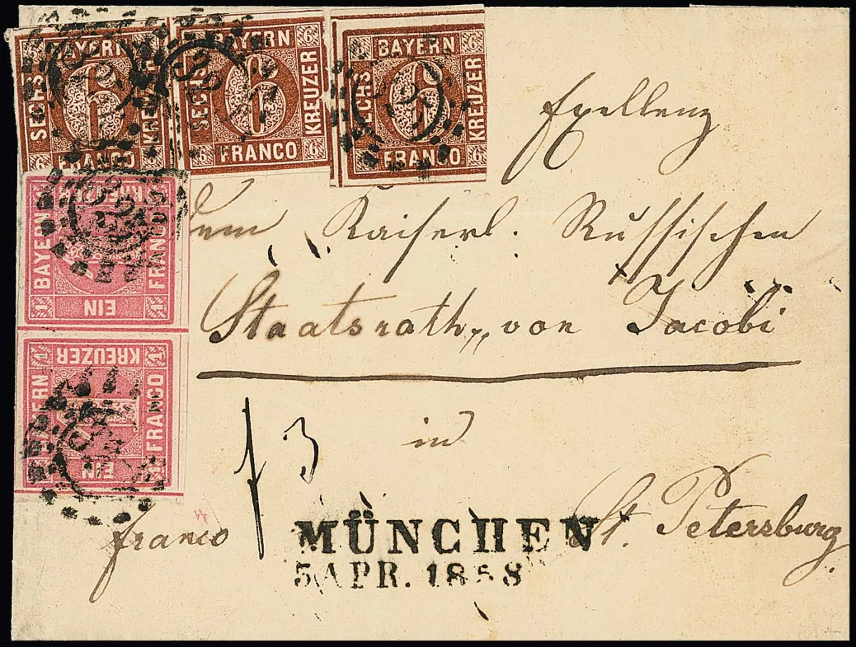 1 Kr. pink in pair, as well as pair and single 6 Kr. brown, as complete 20 Kr. franking on letter with oMR "325" and L2 "München" 1858 to St.…