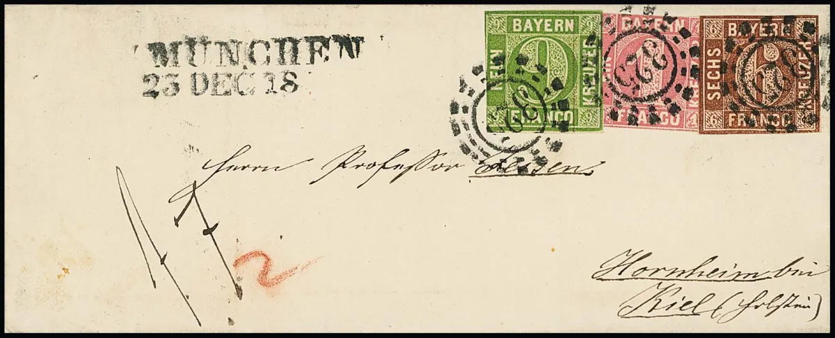 1 Kr. růžová, 6 Kr. hnědá a 9 Kr. zelená, všechny v tzv. "Zwergenschnitt", na čerstvém malém dámském dopise 1856 s oMR "325" a L2 "München" do Hornheimu u…