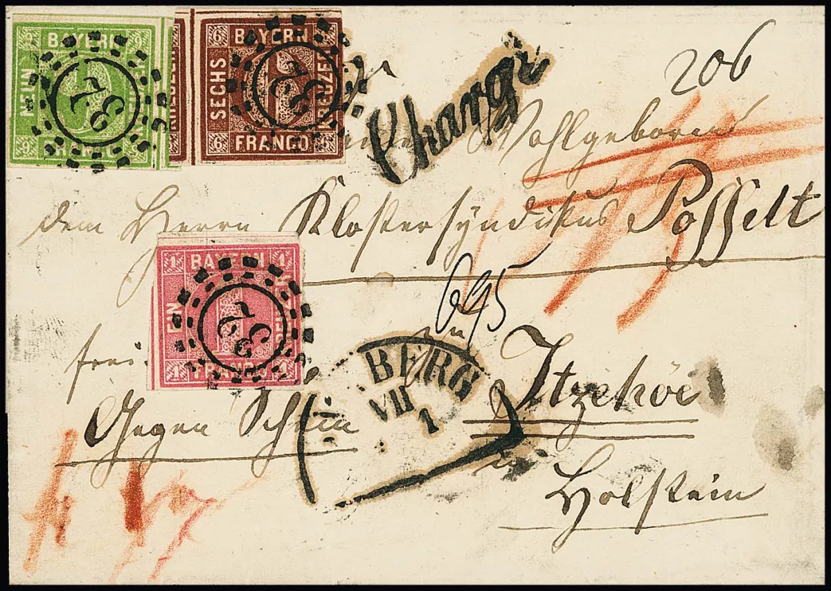 1 Kr. rose foncé, avec 6 Kr. brun et 9 Kr. vert jaune sur lettre chargée fraîche avec oMR "32" et HK "Bamberg" 1858 dans l'Itzehoe alors danois en…