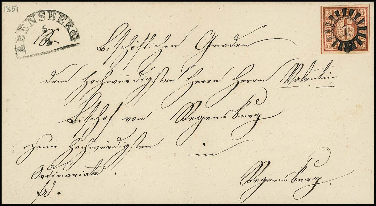 6 Kr. brown, Type I, luxury piece with uniformly wide margins on all sides with cutting lines on all four sides and ideally centered gMR "1", the HK "Abensberg"…