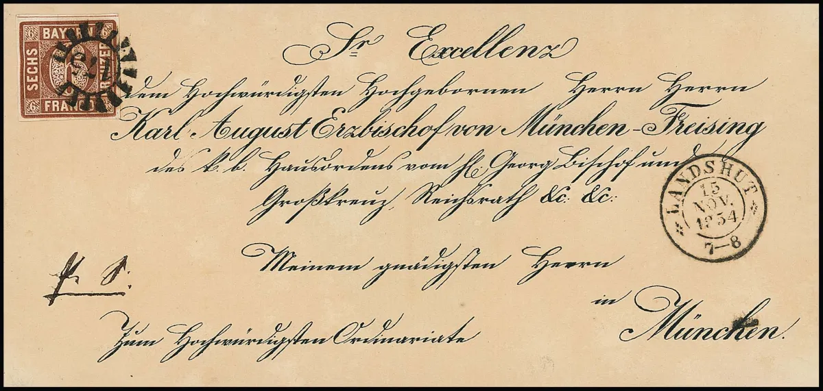 6 Kr. brown on cabinet bishop's letter 1854 with gMR "175" and K2 "Landshut"