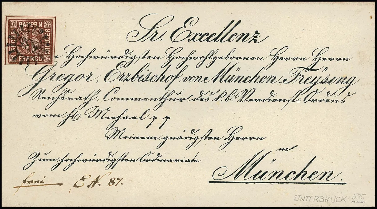 6 Kr. brown on decor. cabinet bishop's letter with only gMR "535", without the subsidiary cancel of Unterbruck, signed Pfenninger