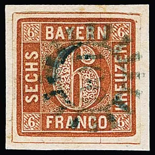 6 Kr. brun sur fragment de lettre de cabinet avec rare gMR bleu "100" centré de Furth i.W. dans l'oblitération typique, Feuser + 600,-, signé Schmitt