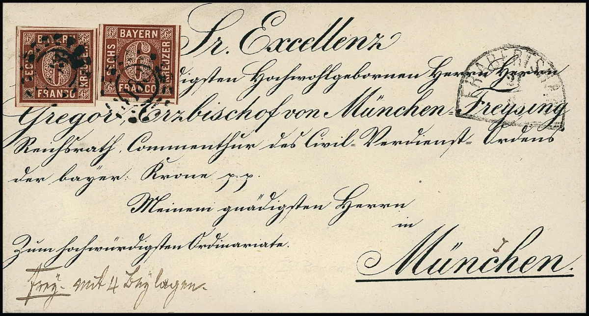 6 Kr. brown as pair, left full to wide-margined, right cut on the top border line, on bishop's letter ("with 4 enclosures") with oMR "133" and HK "Frabertsham" to Munich. Multiple frankings on bishop's letters are unusual!