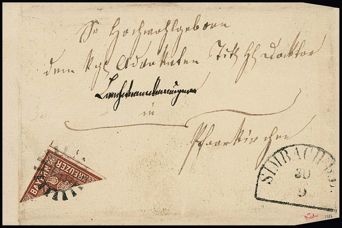 6 Kr. braun, seltene diagonale Halbierung auf Briefvorderseite mit gMR "489" und HK "Simbach b.L.", oben nur minimal berührt, ohne Nachporto. Ex Burrus,…