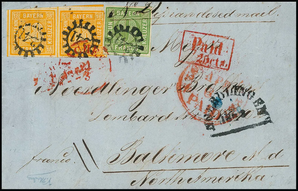9 Kr. blaugrün, Type III, gut, nebst waagerechtem Paar 18 Kr. orange (linke Marke Bugspur, rechte winzig berührt) auf sauberem Faltbrief mit gMR "241" und HK…