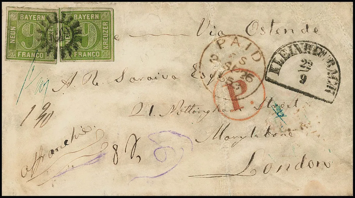9 Kr. green in pair on cover with gMR "429" and HK "Kleinheubach" 1855 to London. Partial franking for double weight to postal union border (= 18 Kr.), 28 Kr. onward franking, corresponding to 4 Sgr., paid in cash. The stamps are in good condition, the letter is somewhat treated/cleaned. According to certificate Dr. Helbig "only double letter with split franking recorded so far"